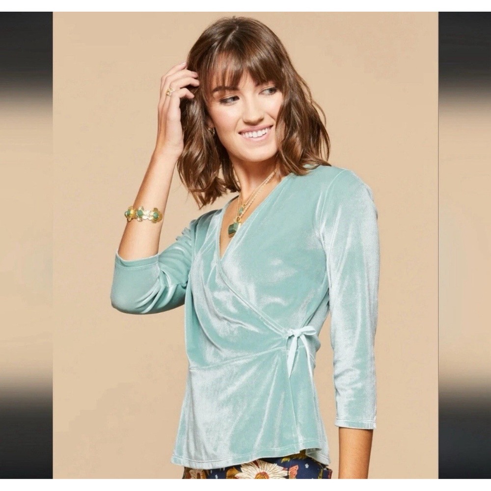 SPARTINA 449 Cassie Velvet Wrap Blouse Small Ice Blue BalletCore Glam‎ Luxury